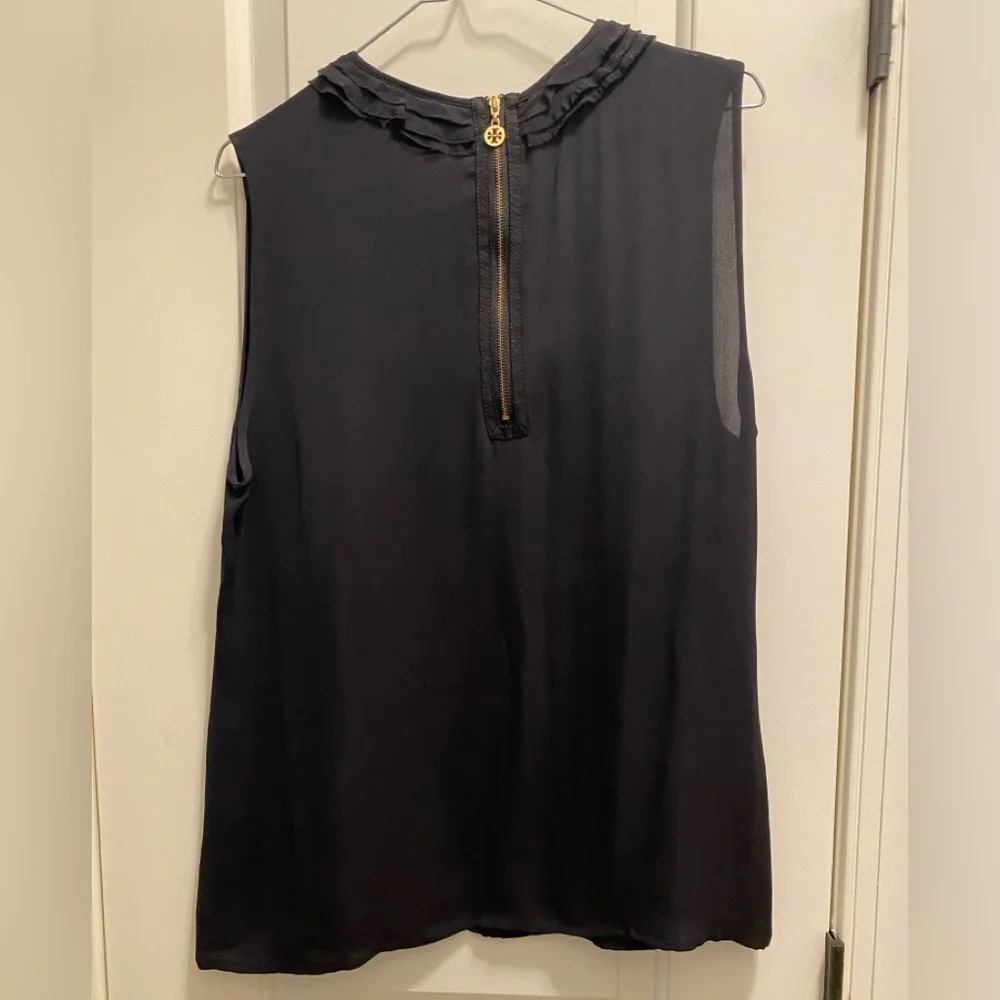 Tory Burch sleeveless black silk top w ruffle front & zip back size 14